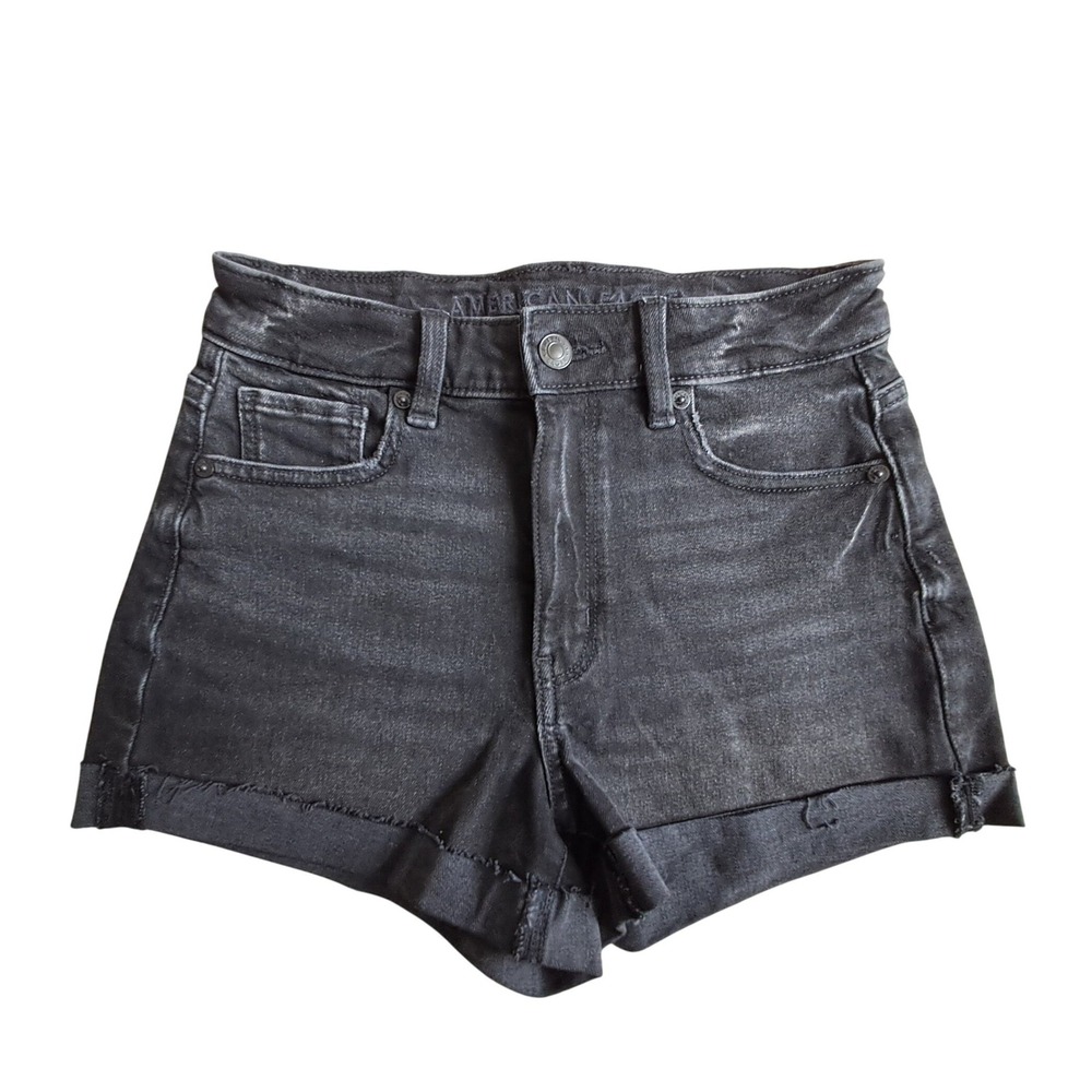 American Eagle High Waisted Black Denim Shorts Cuffed Stretch Size 00